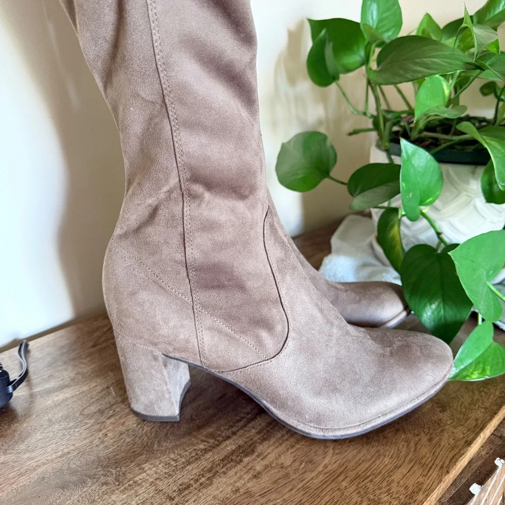 Marc Fisher LTD Alina OTK Boots Womens 10 Taupe Block Heel Cottagecore Soft Girl